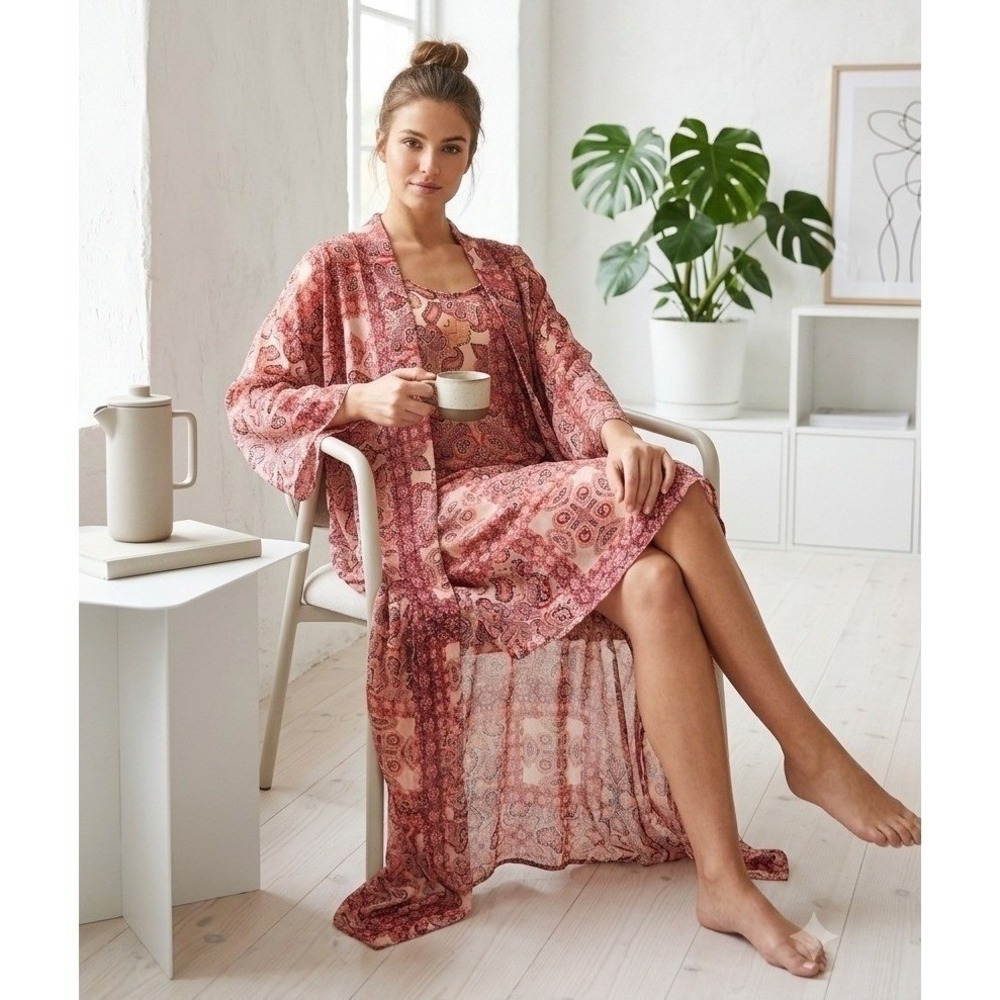BCBGMAXAZRIA Kimono Dress Size S Pink Patchwork Sheer High-Low Resortwear Boho